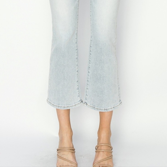 RISEN High-Rise Waist Skinny Fit Denim Pants Cropped Wide Flare Hem Blue Jeans - Picture 12 of 16